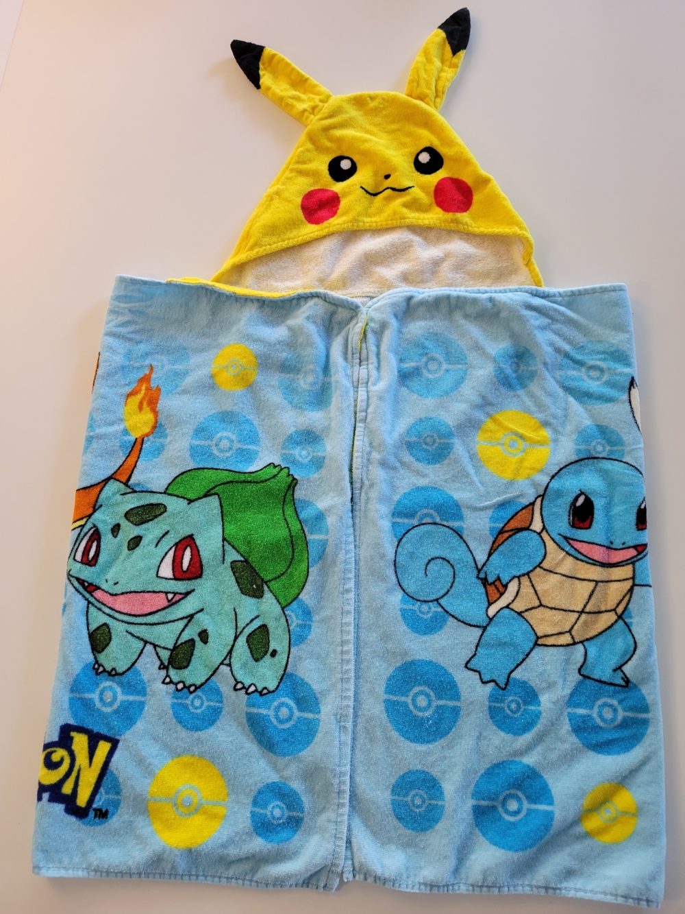 Pokemon Kids Hooded Towel with Yellow Pikachu Hood and Blue Pokémon Print